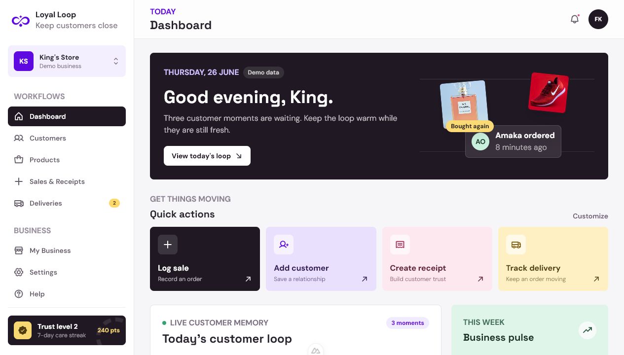 Loyal Loop business dashboard showing customer and order activity