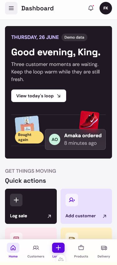 Loyal Loop dashboard showing customer moments and quick business actions